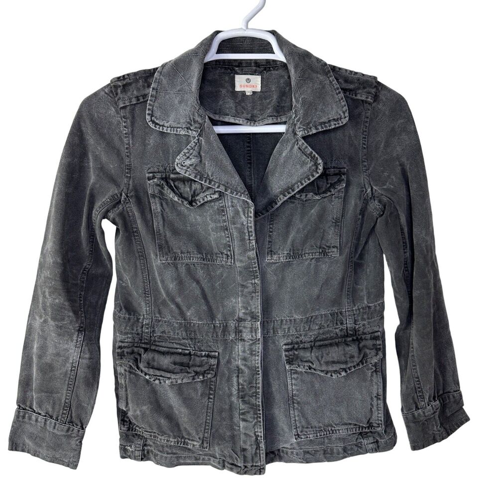 Sundry Women's 1 Denim Jacket Moto Military Gray Distressed Button‎ Up